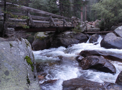 A wooden bridge spans a rushing river, surrounded by rocky terrain and lush greenery in a serene forest setting.