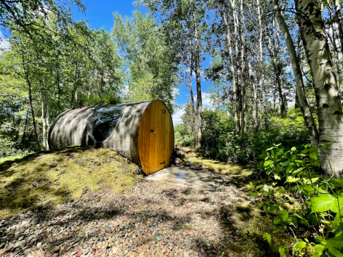 A unique round cabin nestled among trees, surrounded by greenery and a clear blue sky.