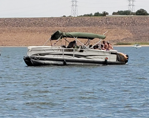 A pontoon boat with a green canopy floats on a lake, with several people enjoying the sunny day.