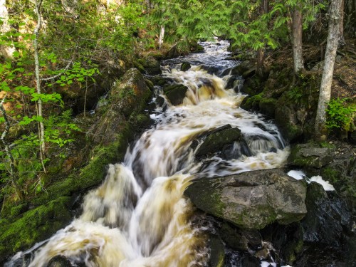 A flowing stream cascades over rocks, surrounded by lush green trees and foliage.