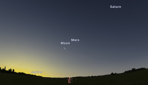 Night sky view featuring the Moon, Mars, Jupiter, and Saturn against a gradient twilight background.