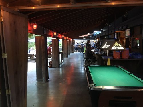 A dimly lit bar interior with a pool table, wooden walls, and patrons enjoying drinks in a casual atmosphere.