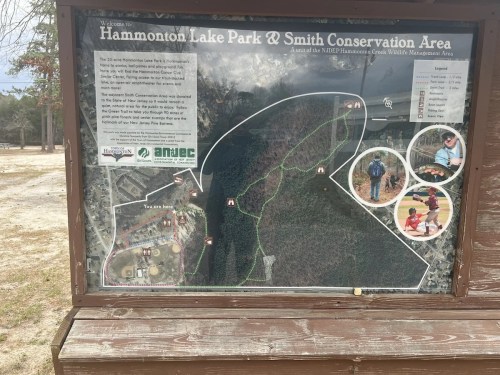 Map and information sign for Hammonton Lake Park & Smith Conservation Area, featuring trails and activities.