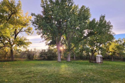 A serene park scene with tall trees, green grass, and a gazebo, illuminated by the warm glow of the setting sun.