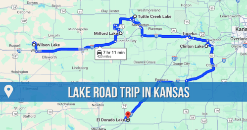 Map showing a road trip route through Kansas, highlighting several lakes including El Dorado and Wilson Lake.