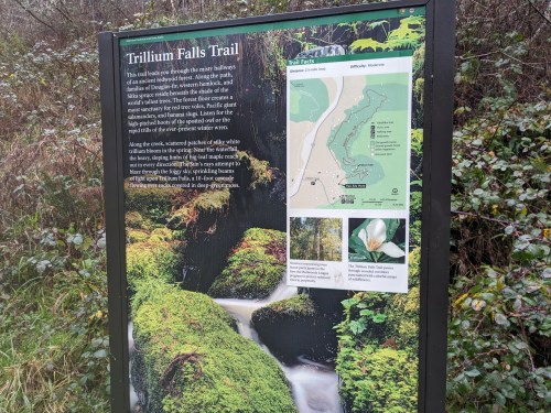 Sign for Trillium Falls Trail featuring a map, trail information, and images of the surrounding nature.