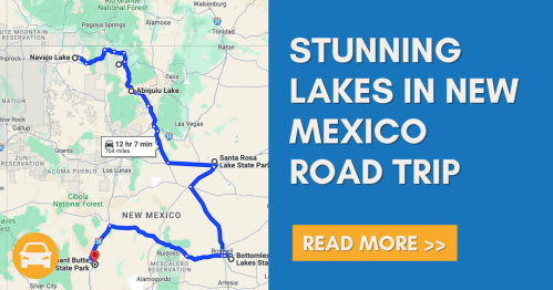 Map highlighting a road trip route to stunning lakes in New Mexico, with a call to action to read more.