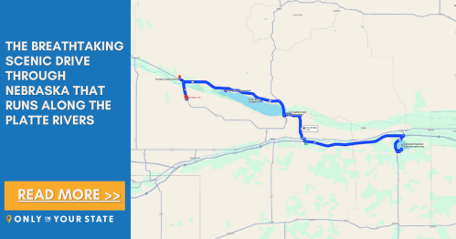 Map highlighting a scenic drive along the Platte River in Nebraska, with route marked in blue.