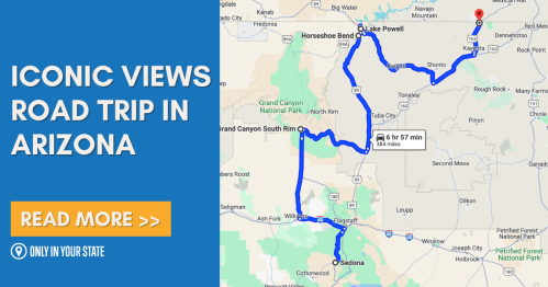 Map of an iconic road trip in Arizona, highlighting routes to Lake Powell, Grand Canyon, and Sedona.