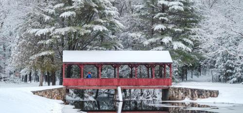 A red covered bridge over a calm, snow-covered landscape with trees, reflecting in the water below.