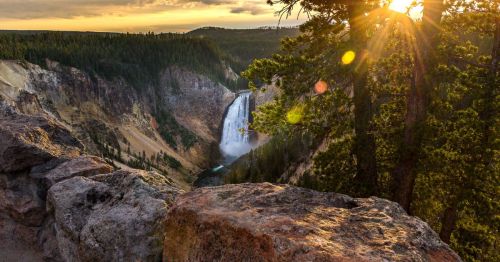 Overhead sunset view of the Lower Falls in Yellowstone National Park in Wyoming