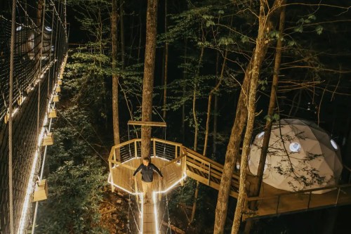 A person walks on a lit wooden path in a forest, leading to a geodesic dome and a suspended bridge.