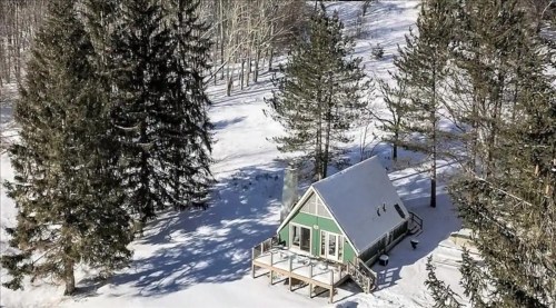 A cozy green cabin surrounded by snow-covered trees in a winter landscape.