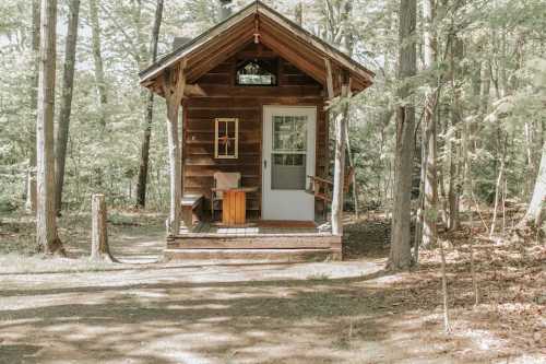 A rustic wooden cabin surrounded by trees, featuring a porch and a small table outside.