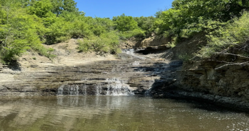 A serene waterfall cascading over rocky ledges into a calm pool, surrounded by lush greenery under a clear blue sky.