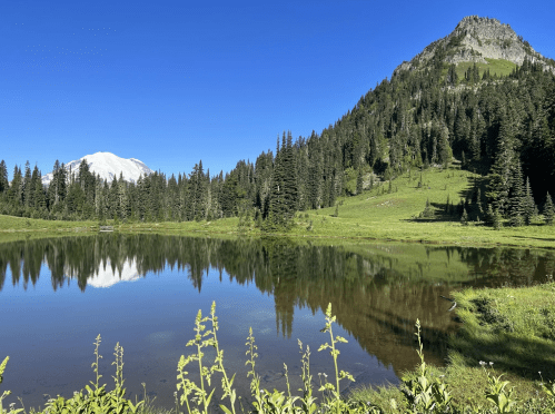 A serene landscape featuring a clear lake reflecting mountains and lush green trees under a bright blue sky.