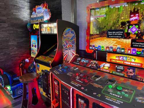 A vibrant arcade scene featuring classic and modern gaming machines with colorful lights and a pixelated screen.