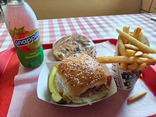A tray with a sesame seed bun sandwich, fries, a cookie, and a Snapple drink on a checkered tablecloth.