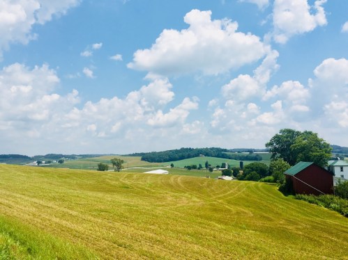 A scenic view of rolling green fields under a blue sky with fluffy clouds, featuring a red barn in the foreground.