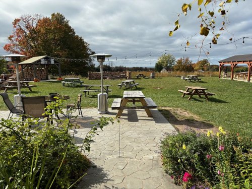 A spacious outdoor area with picnic tables, greenery, and a cloudy sky, surrounded by trees with autumn foliage.