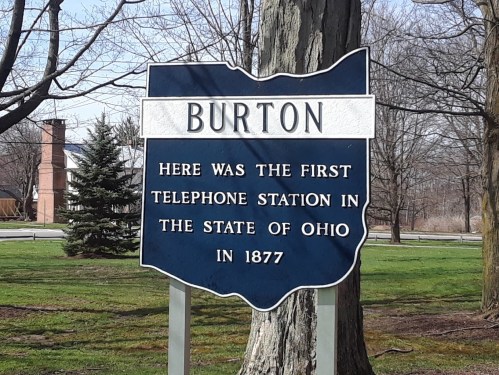 Sign marking the location of Ohio's first telephone station in Burton, established in 1877.