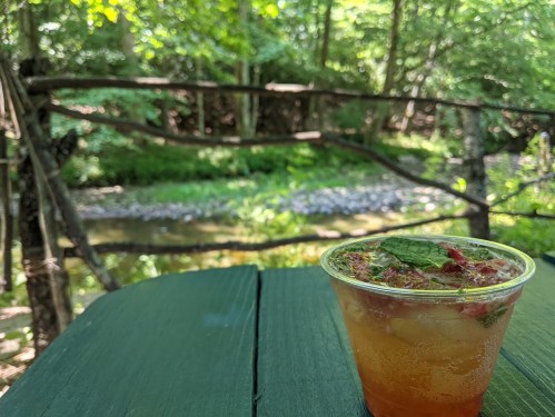 A refreshing drink with mint sits on a green table, surrounded by lush greenery and a serene stream in the background.