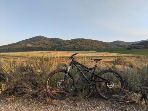 A mountain bike rests against shrubs with rolling hills and a clear sky in the background.