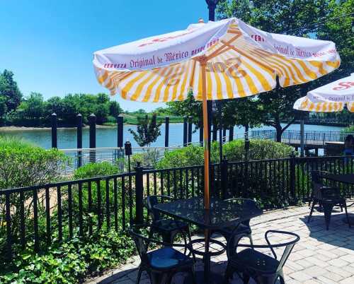 A sunny outdoor dining area with striped umbrellas, tables, and a view of a river and greenery.