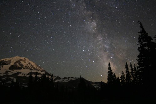 A starry night sky with the Milky Way over a snow-capped mountain and silhouetted pine trees.