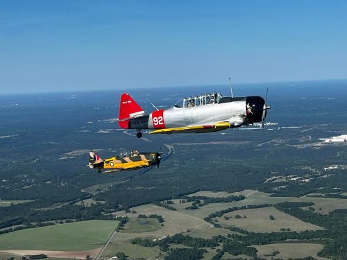 Two vintage aircraft flying in formation over a green landscape, one silver with red accents and the other yellow.