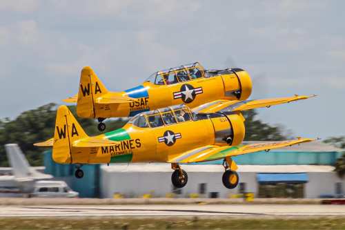 Two yellow vintage aircraft take off in formation, one marked USAF and the other marked Marines, against a blue sky.