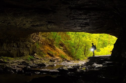 A silhouette of a person with a flashlight stands at the entrance of a cave, surrounded by lush greenery and a stream.