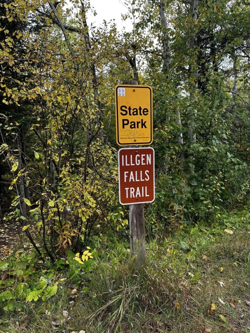 Signpost indicating the entrance to Illgen Falls Trail in a state park, surrounded by trees and foliage.