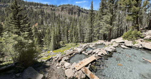 A serene natural landscape featuring a clear stream, rocky banks, and lush green trees under a blue sky.