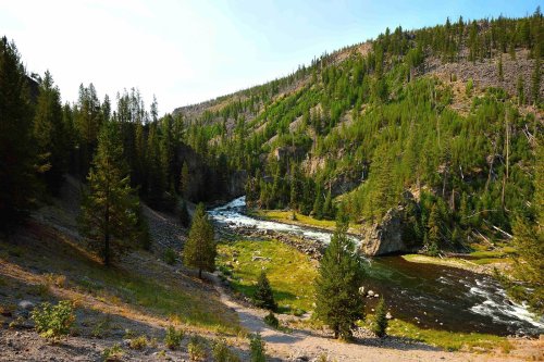 A serene river flows through a lush green valley, surrounded by tall trees and rocky hills under a clear blue sky.
