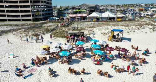 A busy beach scene with people under colorful umbrellas, chairs, and nearby buildings, enjoying a sunny day.