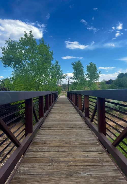 A wooden bridge leads through greenery under a blue sky with clouds.