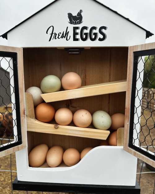 A small wooden egg display with various colored eggs inside, labeled "Fresh Eggs."