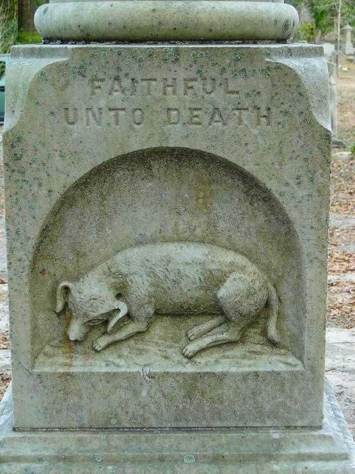 A stone monument featuring a carved dog lying down, inscribed with "Faithful Unto Death."
