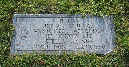 Gravestone of John L. Kerouac and Stella H.S. Kerouac, with dates and inscriptions, surrounded by grass.