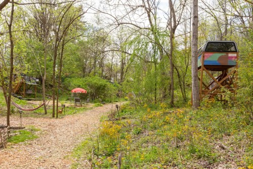 A winding path through a green forest with a colorful treehouse and a red umbrella seating area nearby.