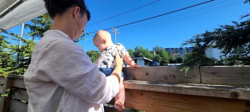 A person holds a baby near a wooden railing, with a clear blue sky and greenery in the background.