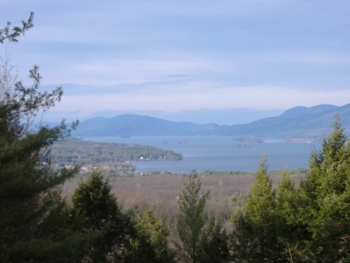 A scenic view of a lake surrounded by mountains and trees under a clear blue sky.