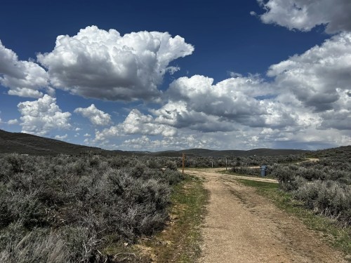 A dirt path winds through a landscape of sagebrush under a blue sky filled with fluffy white clouds.