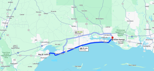 Map showing a route from Bay St. Louis to Ocean Springs, with travel time of 35 minutes and distance of 23 miles.