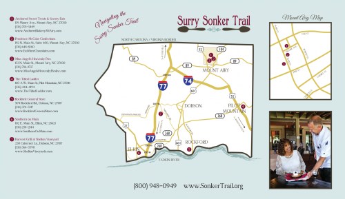 Map of the Surry Sonker Trail in North Carolina, highlighting attractions and locations along the route.