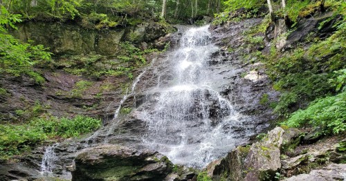 A serene waterfall cascading down rocky terrain, surrounded by lush green foliage and trees.