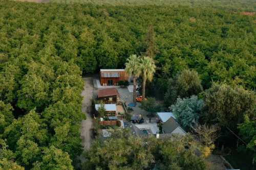 Aerial view of a rustic property surrounded by dense greenery, featuring several buildings and a palm tree.