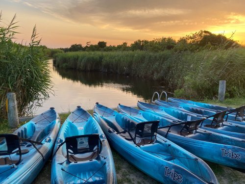 Kayaks lined up by a calm river at sunset, surrounded by tall grasses and a serene landscape.