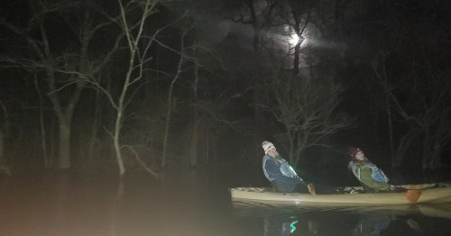 Two people in kayaks on a dark, moonlit waterway surrounded by bare trees.